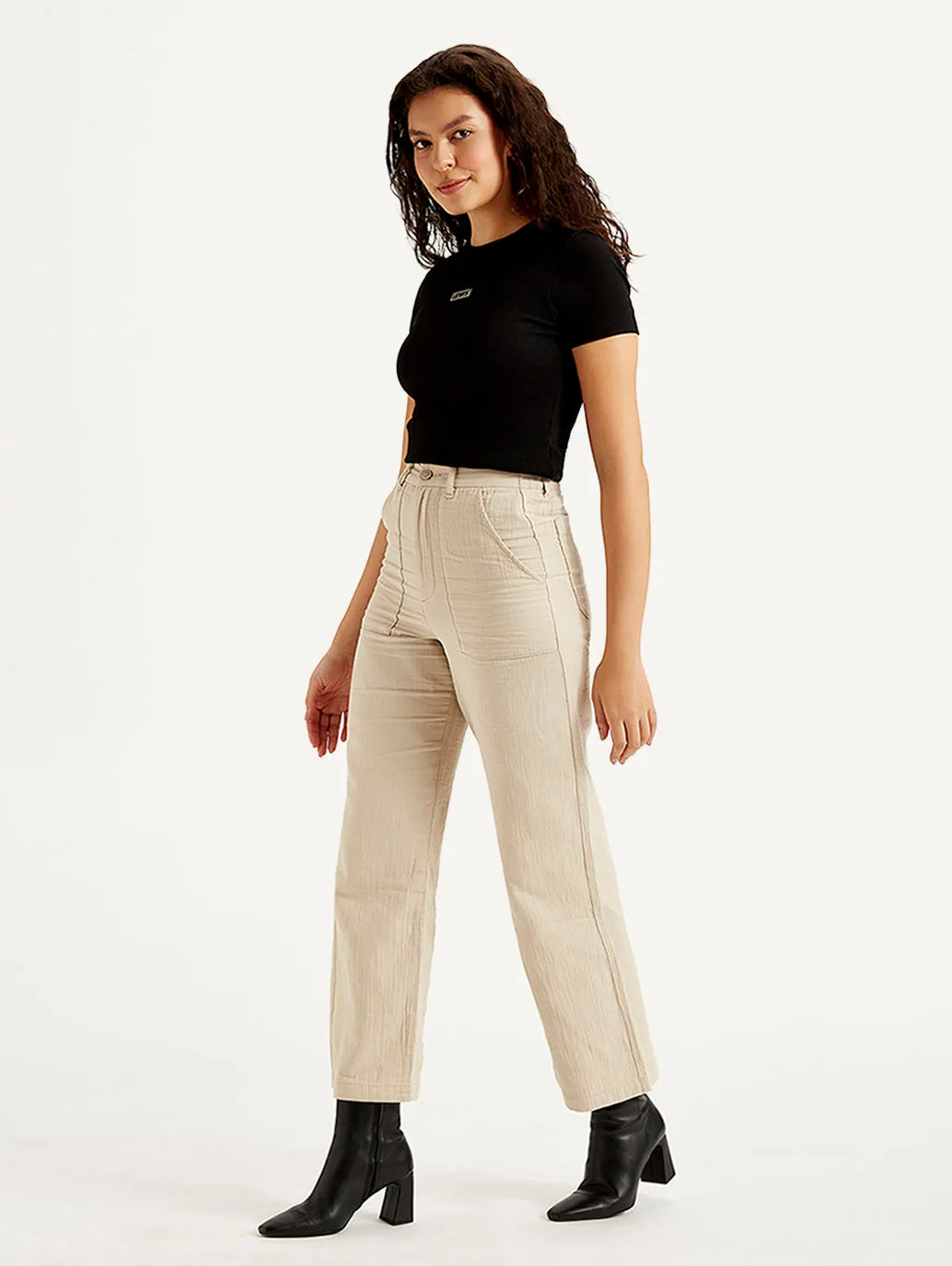 Women's High Rise Beige Loose Fit Trousers