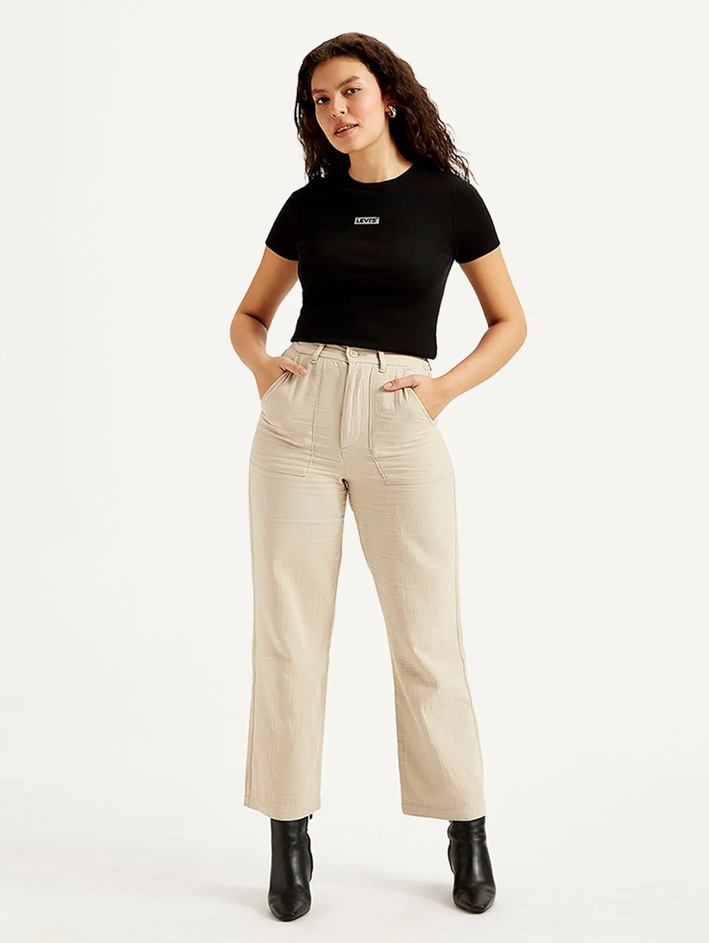 Women's High Rise Beige Loose Fit Trousers