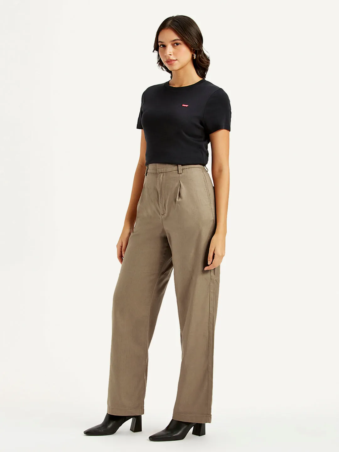 Women's High Rise Taupe Loose Fit Trousers