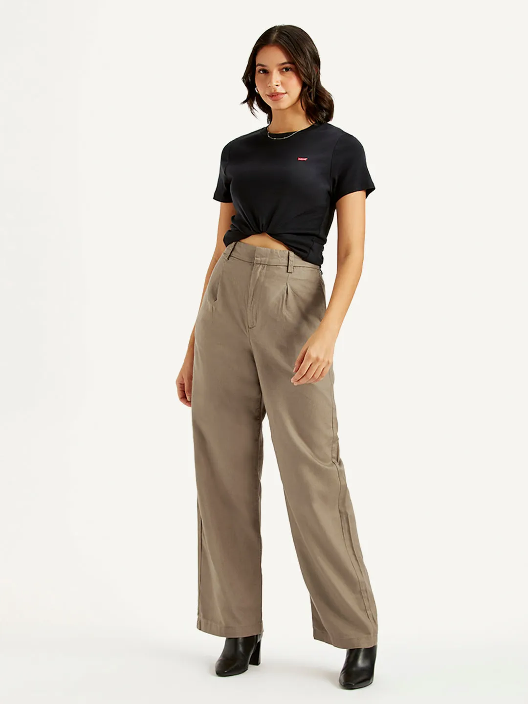 Women's High Rise Taupe Loose Fit Trousers