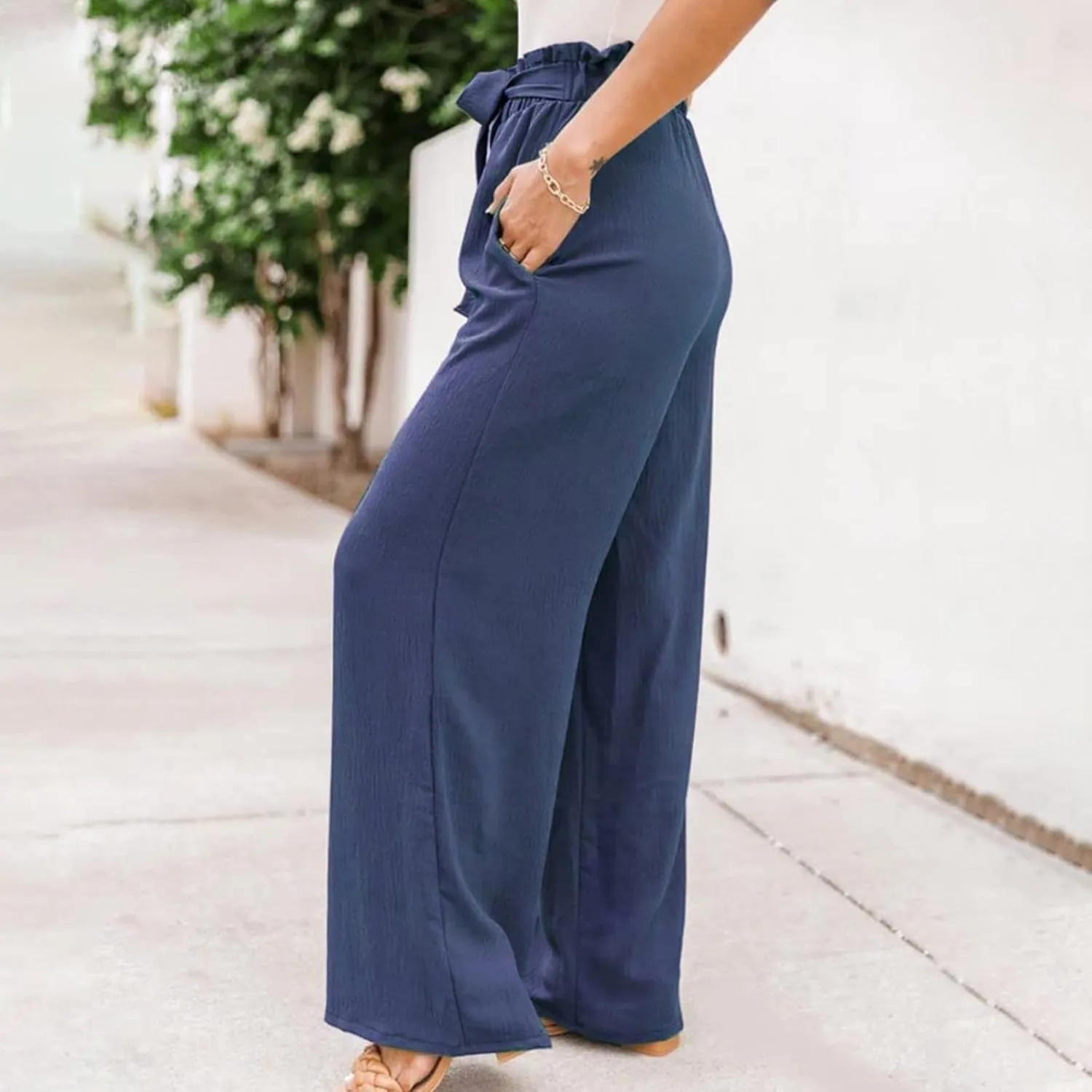 Women's Linen Summer Baggy Palazzo Pants Elastic Waisted Stretchy Loose Fit Palazzo Lounge Pants Office