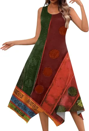 Women's Long Dresses Boho Sleeveless Dresses Summer Casual Loose Round Neck Swing Retro Print Irregular Dress