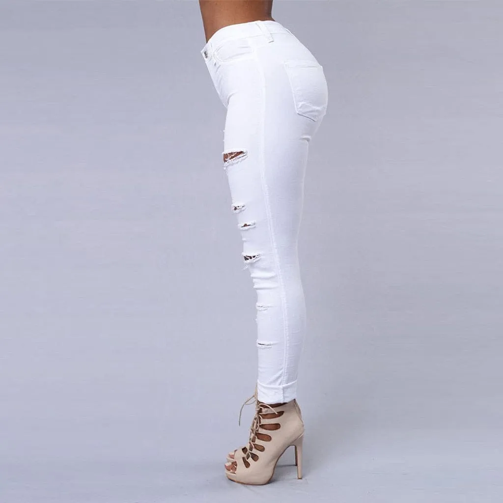 Women's Pure Color Ripped Jean Pants  High-waist Skinny Denim Pants