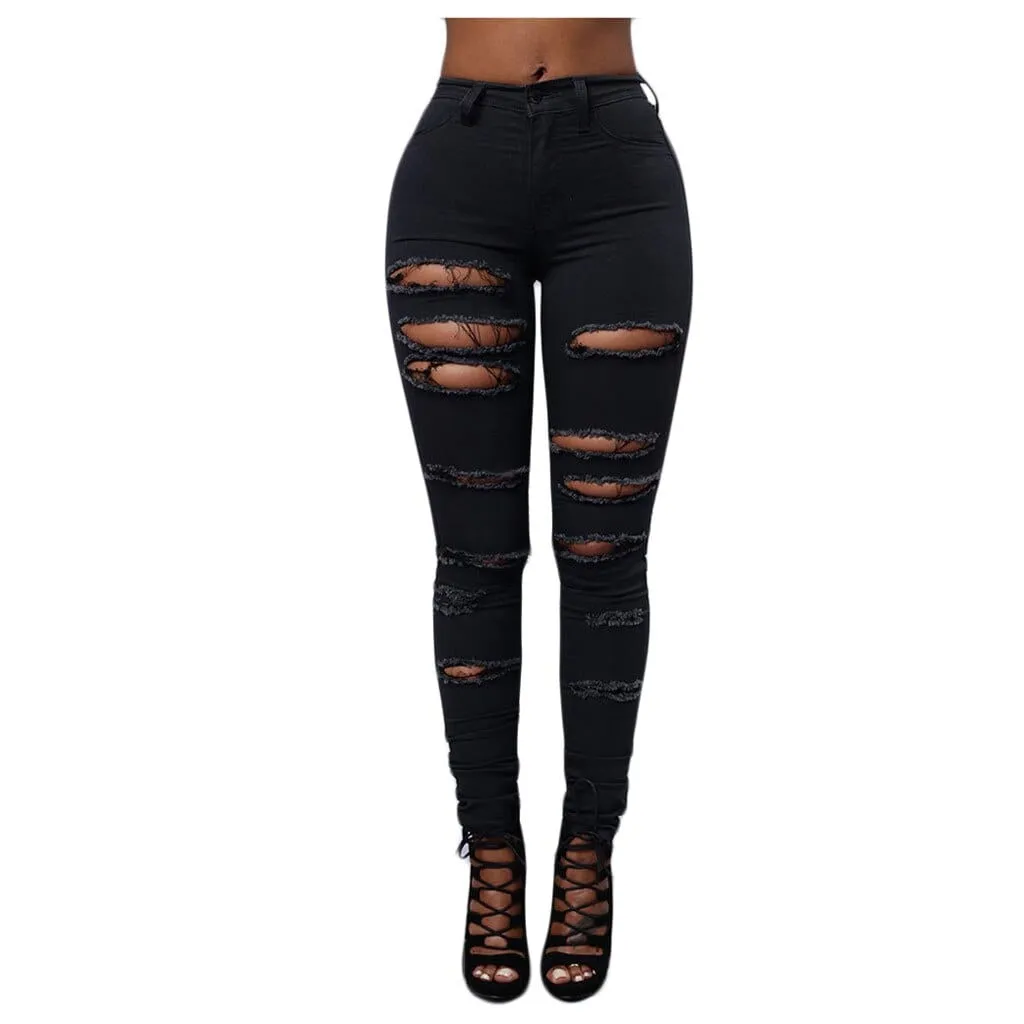 Women's Pure Color Ripped Jean Pants  High-waist Skinny Denim Pants
