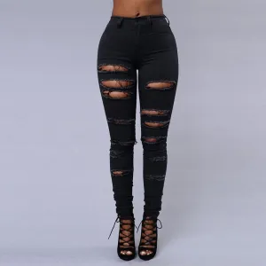 Women's Pure Color Ripped Jean Pants  High-waist Skinny Denim Pants