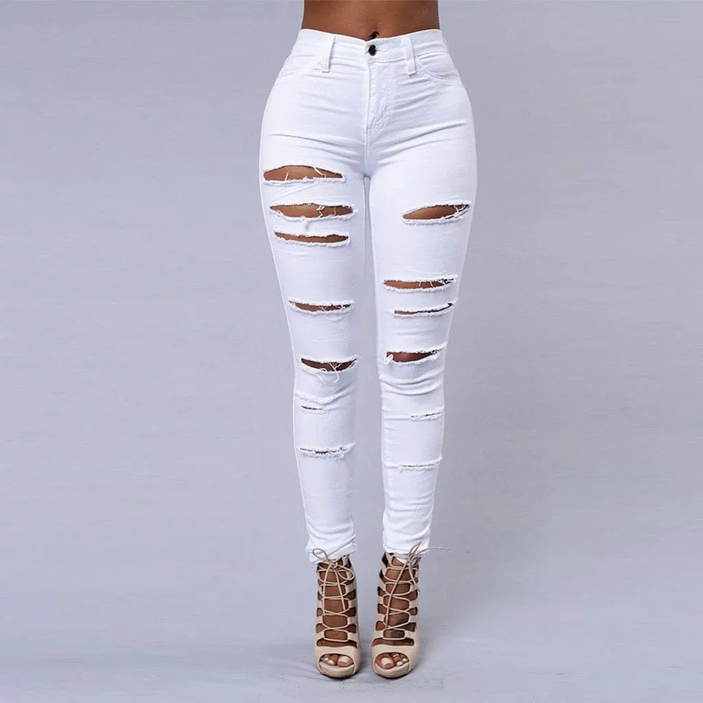 Women's Pure Color Ripped Jean Pants  High-waist Skinny Denim Pants