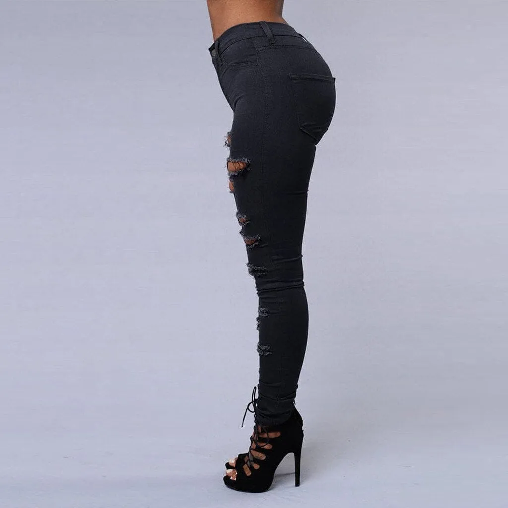 Women's Pure Color Ripped Jean Pants  High-waist Skinny Denim Pants