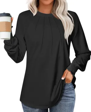 Womens Spring Fashion 2025 Long Sleeve Tunic Tops to Wear with Leggings Crewneck Pleated Shirts Loose Fit Cute Tee