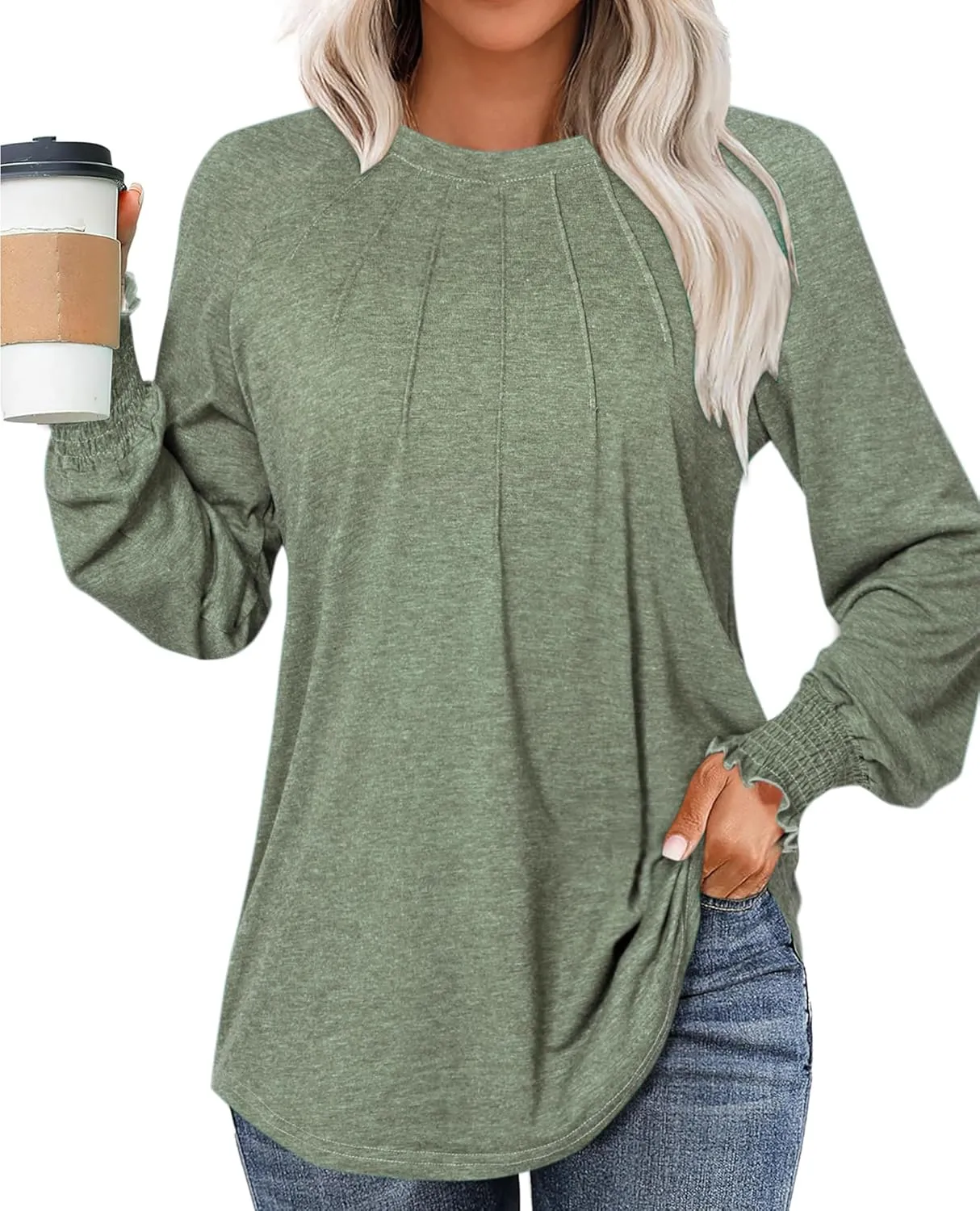 Womens Spring Fashion 2025 Long Sleeve Tunic Tops to Wear with Leggings Crewneck Pleated Shirts Loose Fit Cute Tee
