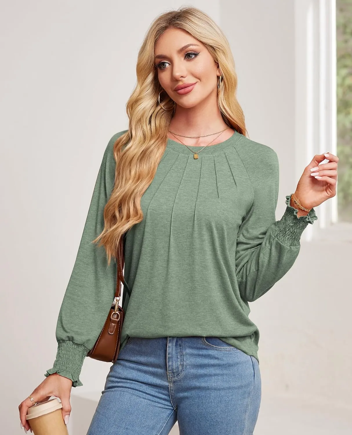 Womens Spring Fashion 2025 Long Sleeve Tunic Tops to Wear with Leggings Crewneck Pleated Shirts Loose Fit Cute Tee