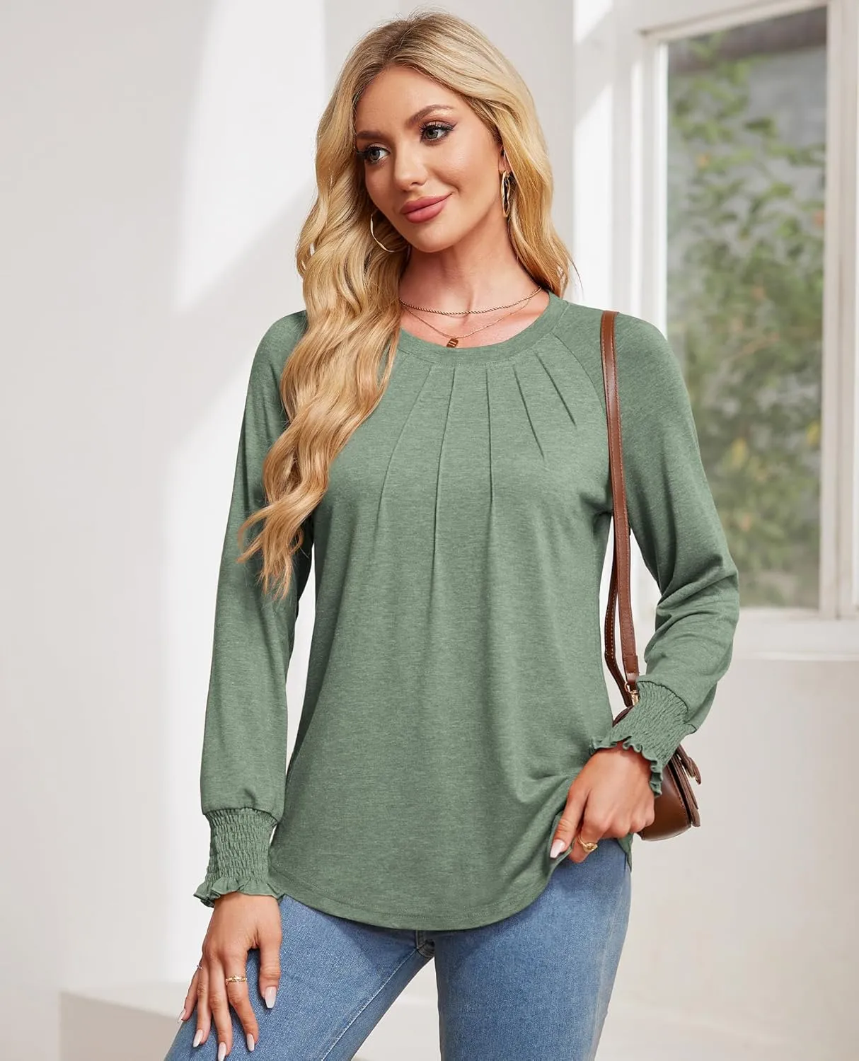 Womens Spring Fashion 2025 Long Sleeve Tunic Tops to Wear with Leggings Crewneck Pleated Shirts Loose Fit Cute Tee