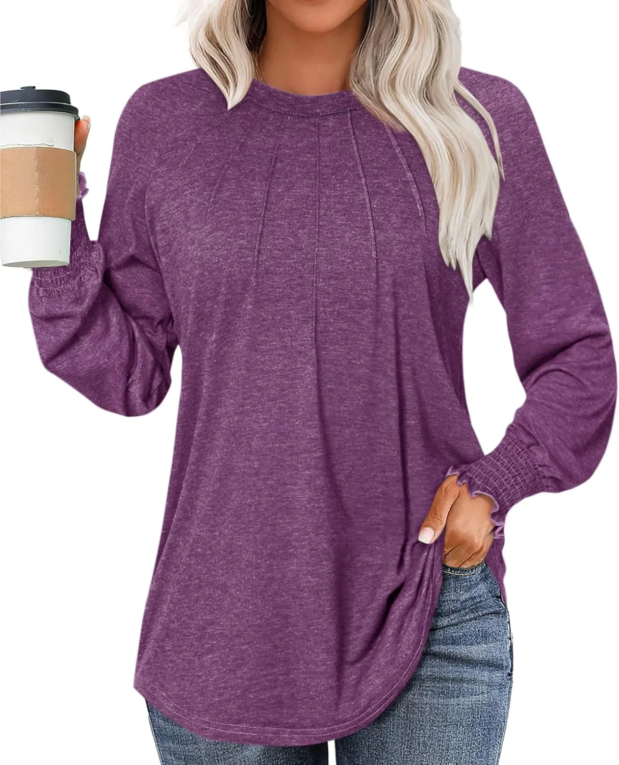 Womens Spring Fashion 2025 Long Sleeve Tunic Tops to Wear with Leggings Crewneck Pleated Shirts Loose Fit Cute Tee