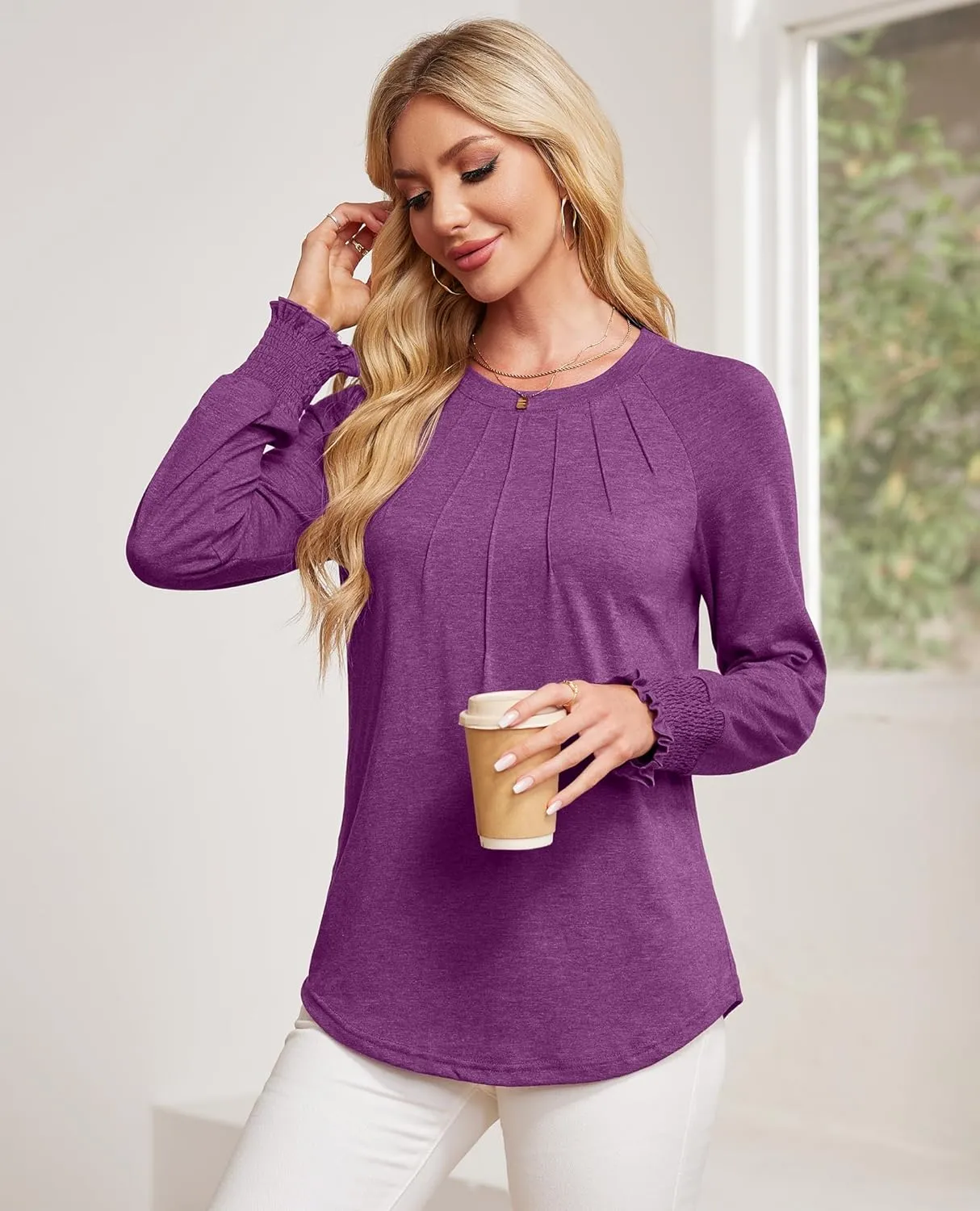 Womens Spring Fashion 2025 Long Sleeve Tunic Tops to Wear with Leggings Crewneck Pleated Shirts Loose Fit Cute Tee