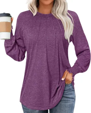 Womens Spring Fashion 2025 Long Sleeve Tunic Tops to Wear with Leggings Crewneck Pleated Shirts Loose Fit Cute Tee