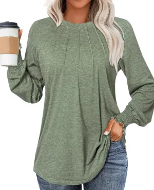 Womens Spring Fashion 2025 Long Sleeve Tunic Tops to Wear with Leggings Crewneck Pleated Shirts Loose Fit Cute Tee