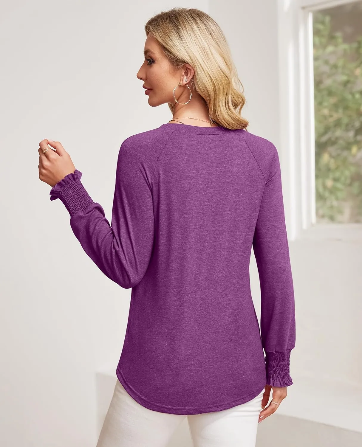 Womens Spring Fashion 2025 Long Sleeve Tunic Tops to Wear with Leggings Crewneck Pleated Shirts Loose Fit Cute Tee