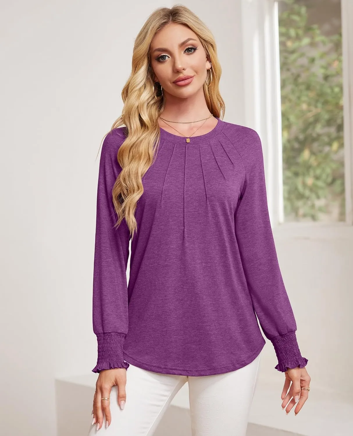 Womens Spring Fashion 2025 Long Sleeve Tunic Tops to Wear with Leggings Crewneck Pleated Shirts Loose Fit Cute Tee