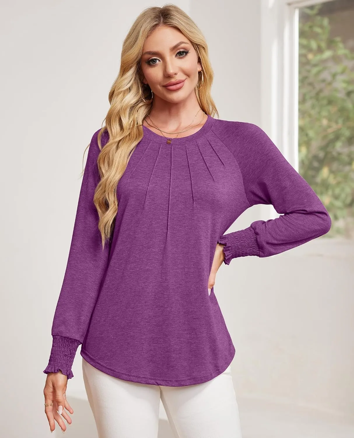 Womens Spring Fashion 2025 Long Sleeve Tunic Tops to Wear with Leggings Crewneck Pleated Shirts Loose Fit Cute Tee
