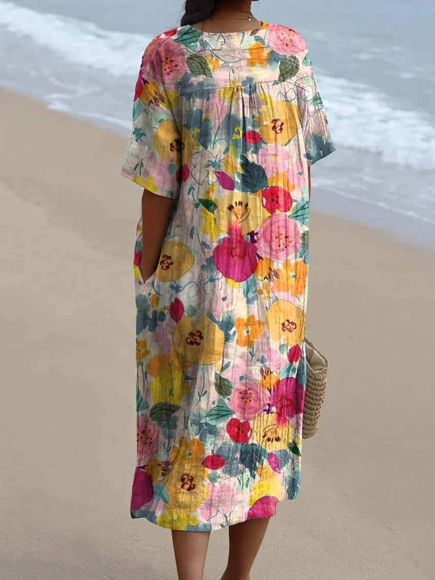Women's Vintage Lovely Floral Art Print Flowy Dress