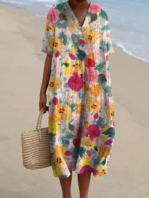 Women's Vintage Lovely Floral Art Print Flowy Dress